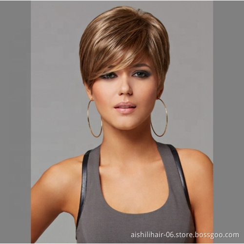 Wholesale heat resistant fluffy short brown wig  natural straight and kinky wave Synthetic hair wigs for women